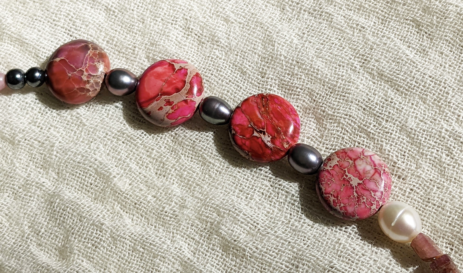 Rhodochrosite Crystal necklace flat, spiritual and healing properties mixed with black and white pearls for protection against any evil energy