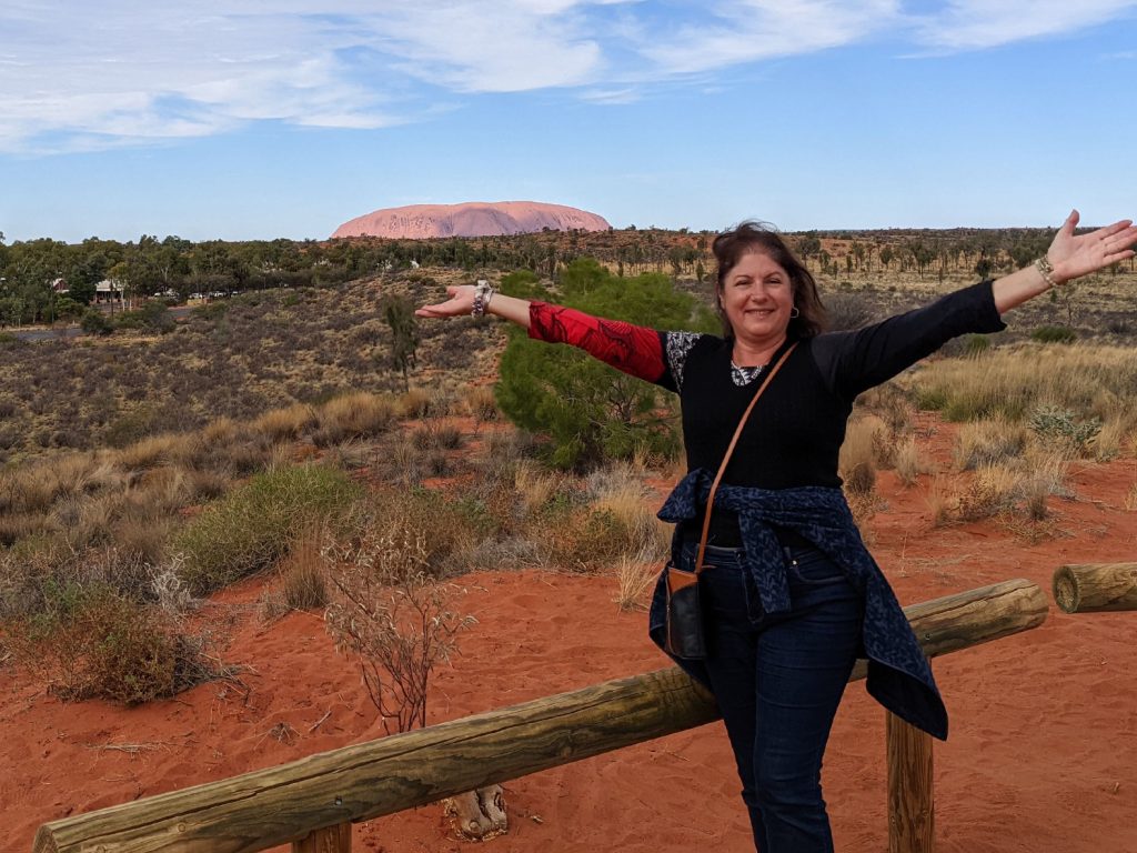 Senka at Yalara lookout to Uluru Northern Territory day six and departing back to Sydney