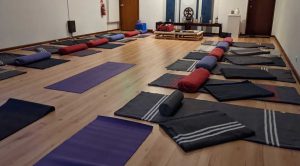 meditation room in yoga center set up ready for attendees